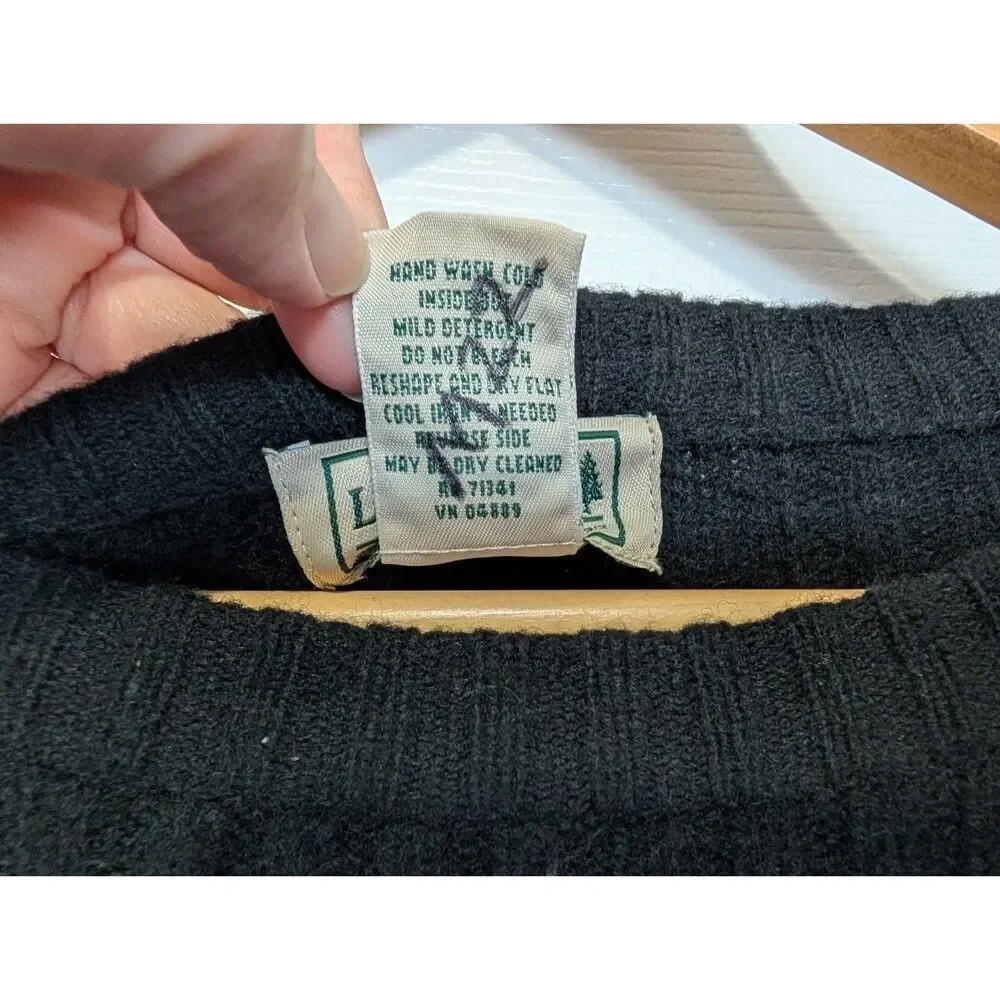 LL Bean Sweater Mens Large Black Commando Merino Wool Ribbed Knit Elbow Patches
